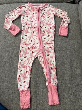 Pink Floral Print Kids One-Piece Footie with 2 way Zipper size 9-12m Bamboo GUC